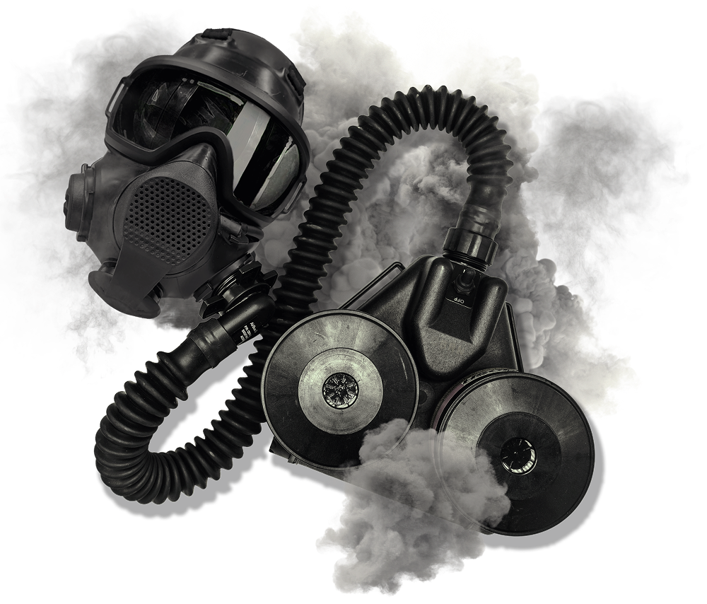 Front view of C420 PAPR system with LBM Low-Burden Mask in cloud of smoke