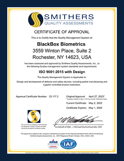 Couverture de la brochure BlackBox Biometrics ISO 9001:2015